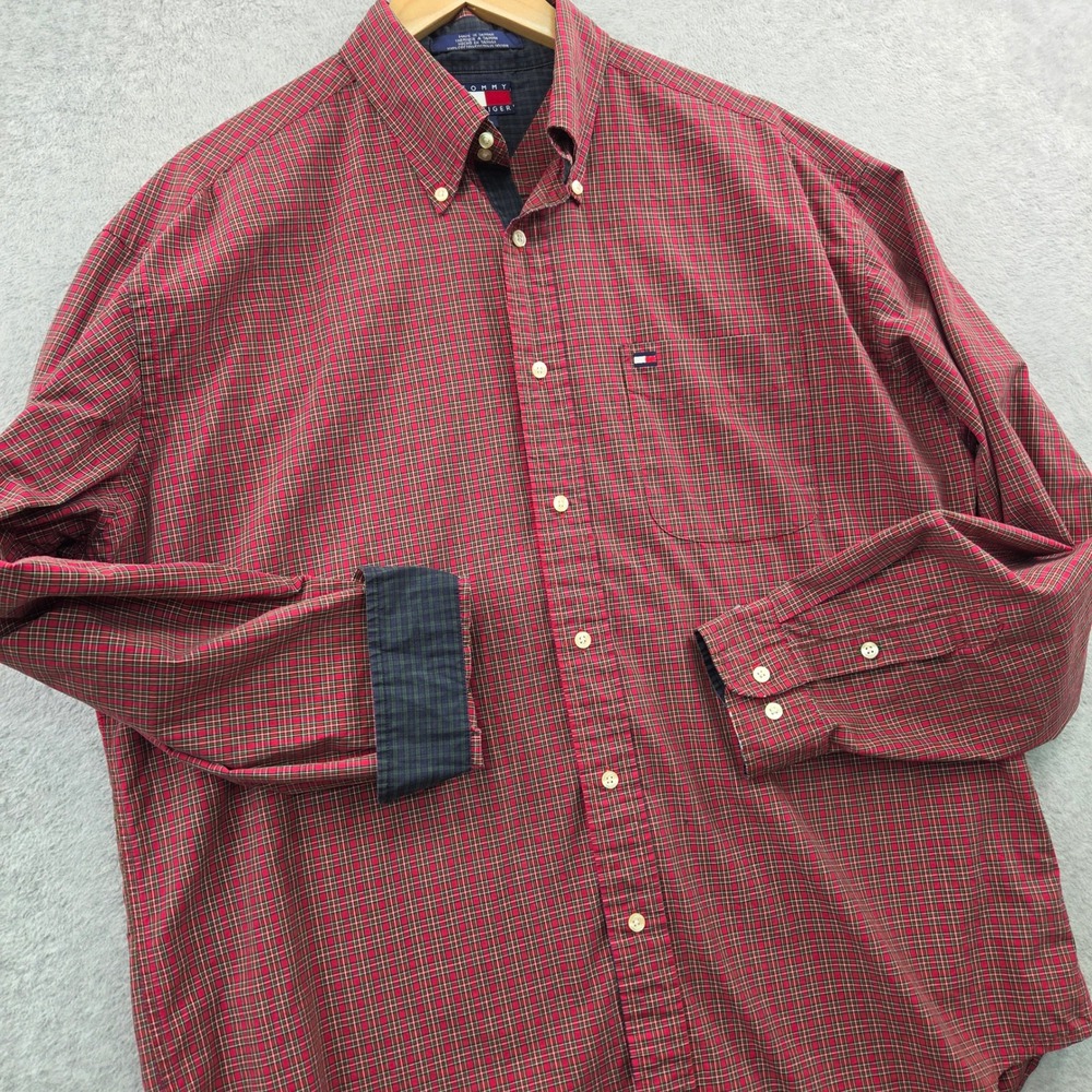 90s VTG TOMMY HILFIGER Plaid Button Down Shirt Mens L Christmas Red 100% Cotton